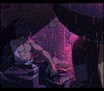  2boys abs black_coat black_hair black_kimono coat fifteen_(katana_zero) flaw_eight hadanugi_dousa high_ponytail japanese_clothes katana_zero kimono medium_hair multiple_boys neon_lights pectorals pink_theme rain stone_wall umbrella zero_(katana_zero) 