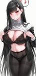  1girl absurdres black_hair blue_archive blush breasts bright_pupils cleavage hair_ornament hairclip halo highres large_breasts long_hair long_sleeves looking_at_viewer nano_(syoutamho) navel red_eyes rio_(blue_archive) solo sweater white_sweater 