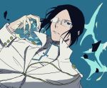  1boy black_hair bleach blue_background blue_eyes bracelet buttons capelet closed_mouth dutch_angle glasses hand_up ishida_uryuu jewelry long_sleeves looking_at_viewer male_focus parted_bangs pentacle popped_collar quincy_(bleach) satou417younakayama shirt solo white_capelet white_shirt 