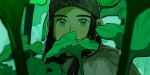  1girl ainu_clothes asirpa bandana black_hair blurry blurry_foreground cape covered_mouth earrings eyelashes fur_cape golden_kamuy green_theme highres hoop_earrings jewelry long_hair looking_at_viewer naruysae solo 