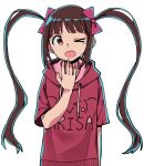  &gt;_o 1girl billbung blunt_bangs brown_hair dot_nose flat_chest hand_on_own_chin hood hoodie idolmaster idolmaster_million_live! idolmaster_million_live!_theater_days long_hair matsuda_arisa one_eye_closed open_mouth pink_ribbon red_hoodie ribbon short_sleeves sidelocks simple_background solo standing tearing_up twintails upper_body very_long_hair white_background yawning 