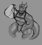 absurd_res anthro biceps bulge clothing collar dragon facial_markings genital_outline greyscale harness head_markings hi_res horn jockstrap leander_dk_(artist) leash leash_pull leashed_collar male markings monochrome muscular mythological_creature mythological_scalie mythology open_mouth pecs scalie sharp_teeth shirtless sitting sketch smile solo spiked_collar spikes tail teeth thick_thighs underwear