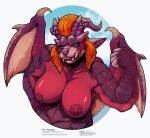 anthro areola big_breasts breasts capcom claws crossgender elder_dragon fangs female fur hi_res horn looking_at_viewer monster_hunter nipples nude ramos simple_background smile solo teeth teostra wings