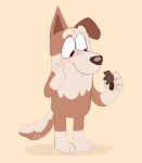 2023 anthro black_eyes bluey_(series) blush brown_body brown_ears brown_fur brown_nose brown_tail canid canine canis carrying_another digital_media_(artwork) domestic_dog fur hand_on_face hand_on_own_face hi_res holding_another looking_at_another male mammal mismatched_ears monotreme motion_lines multicolored_body multicolored_fur orange_background platypus shaibey simple_background solo standing tail tail_motion tailwag the_shopper_(bluey) two_tone_body two_tone_fur two_tone_tail