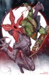  1boy battle comic_cover copyright_request crossover demogorgon fighting highres holding holding_nunchaku holding_weapon in-hyuk_lee jaws mask michelangelo_(tmnt) monster nunchaku official_art open_mouth reptile_boy stranger_things teenage_mutant_ninja_turtles teenage_mutant_ninja_turtles_x_stranger_things teeth turtle weapon western_comics_(style) 