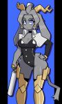 absurd_res anthro antlers armor armored_boots black_clothing black_leotard blue_eyes bovid breasts caprine cleavage clothed clothing club_(weapon) digital_media_(artwork) dream_breaker_(pseudoregalia) female fur goat grey_body grey_fur hair hi_res holding_object holding_weapon horn jackalope lagomorph leotard leporid looking_at_viewer mammal mantle melee_weapon muds nightstick pseudoregalia rabbit simple_background solo sybil_(pseudoregalia) tail twintails_(hairstyle) weapon