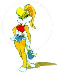 abstract_background anthro biped blonde_hair blue_eyes bobguthrie bottomwear breasts buckteeth clothed clothed_anthro clothing crop_top female fur gloves hair handwear holding_object lagomorph leporid lola_bunny looney_tunes mammal midriff paws rabbit shirt shorts simple_background smile solo standing teeth topwear traditional_media_(artwork) warner_brothers