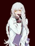  1girl black_sweater braid brown_background closed_mouth coat forever_7th_capital glasses holding holding_notebook lab_coat long_hair notebook sapphire_(nine) satomi_akane simple_background sweater turtleneck turtleneck_sweater twin_braids upper_body very_long_hair white_coat white_hair yellow_eyes 
