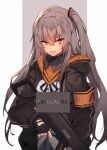  1girl :d armband black_gloves black_jacket black_ribbon brown_hair fingerless_gloves girls&#039;_frontline gloves gun h&amp;k_ump hair_between_eyes holding holding_weapon jacket long_hair looking_at_viewer one_side_up open_mouth orange_eyes ribbon scar scar_across_eye scar_on_face smile solo soukou_makura submachine_gun two-tone_background ump45_(girls&#039;_frontline) weapon yellow_armband 