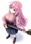  1girl ankle_socks black_socks blue_eyes bocchi_the_rock! brown_footwear closed_mouth crossed_bangs cube_hair_ornament dot_nose electric_guitar fender_telecaster floating_hair from_above full_body furrowed_brow gotoh_hitori grey_skirt guitar hair_between_eyes hair_ornament head_tilt highres holding holding_guitar holding_instrument holding_plectrum instrument jacket loafers long_hair looking_at_viewer one_side_up pink_hair pink_jacket pleated_skirt plectrum shadow shiroganehaku shoes sidelocks simple_background skirt socks tearing_up track_jacket very_long_hair wavy_mouth white_background 