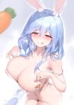  1girl :q animal_ear_fluff animal_ears bare_shoulders blue_hair blurry blurry_foreground blush bottomless bra braid breasts carrot censored covered_nipples gao_(gaolukchup) highres hololive huge_breasts mosaic_censoring multicolored_hair nipple_slip nipples pekomama rabbit_ears rabbit_girl rabbit_tail red_eyes see-through solo spaghetti_strap tail tongue tongue_out two-tone_hair underwear white_bra white_hair 