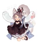  1girl animal_ears animal_hands animal_on_head arms_up black_dress braid cat cat_day cat_ears cat_on_head cat_tail dated dress forever_7th_capital gloves grey_hair on_head open_mouth paw_gloves paw_sleeves sapphire_(nine) shiro_(forever_7th_capital) short_hair simple_background smile solo standing standing_on_one_leg tail white_background white_dress 
