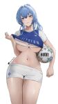  1girl absurdres alternate_costume ball blue_eyes blue_hair blush bra breasts collarbone commentary copyright_name cowboy_shot elvandec english_commentary goddess_of_victory:_nikke helm_(nikke) highres large_breasts long_hair navel parted_lips ponytail shirt short_shorts short_sleeves shorts simple_background smile soccer_ball soccer_uniform solo sportswear stomach thighs twitter_username underboob underwear white_background white_bra white_shorts 