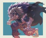  1boy animal_ears animal_hands blue_background claws clenched_hand clenched_teeth fighting_stance furry furry_male gallon_(vampire) highres joez looking_at_viewer muscular muscular_male pants red_eyes standing tail teeth torn_clothes torn_pants vampire_(game) werewolf wolf_boy 
