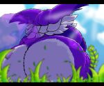 2021 afrothicc720 anthro big_butt big_the_cat butt digital_drawing_(artwork) digital_media_(artwork) domestic_cat ears_down felid feline felis grass low-angle_view male mammal outside pivoted_ears plant purple_body rear_view sega sitting solo solo_focus sonic_the_hedgehog_(series) thick_thighs transparent_tail