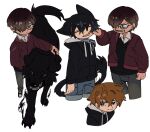  2boys animal animal_ears animalization black_hair black_jacket black_sweater_vest blue_eyes brown_eyes brown_hair cheek_pinching child closed_eyes closed_mouth collar collared_shirt cropped_legs denim deviidog0 dog full_body fur-tipped_tail glasses hair_over_one_eye hand_up highres jacket jeans long_sleeves looking_at_viewer male_focus metal_collar multiple_boys multiple_views open_mouth original pants pinching red_jacket shirt short_hair shorts simple_background smile sweater_vest tail white_background 