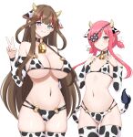  +_+ 2girls 3: :3 absurdres animal_print ass_visible_through_thighs bell bikini breasts brown_hair chinese_knot cleavage closed_mouth commission commissioner_upload cow_horns cow_print cow_print_bikini cow_tail cowbell detached_sleeves eyepatch flat_chest flower-shaped_pupils frown hair_ornament hair_over_eyes hair_over_one_eye hair_rings hairpin highres horns kazakiri_(senran_kagura) large_breasts light_blush long_hair multicolored_hair multiple_girls multiple_hairpins navel neck_bell pink_hair pink_pupils print_bikini purple_eyes red_hair revealing_clothes senran_kagura short_hair short_twintails simple_background skeb_commission skindentation smile streaked_hair surippa1010 swimsuit symbol-shaped_pupils tail thighhighs toki_(senran_kagura) twintails underboob v white_background 