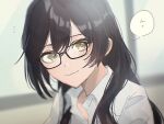  1girl black-framed_eyewear black_hair blurry blurry_background blush glasses highres idolmaster idolmaster_shiny_colors light_smile looking_at_viewer open_collar paddy_field shirase_sakuya shirt solo speech_bubble upper_body white_shirt yellow_eyes 