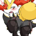absurd_res aka_leopard ambiguous_gender anthro big_butt biped black_body black_clothing black_fur black_legwear black_stockings blush blush_lines bodily_fluids braixen butt clothing featureless_crotch fur garter_straps generation_6_pokemon hi_res inner_ear_fluff lace_stockings legwear lingerie looking_at_viewer looking_back nintendo on_model open_mouth pokemon pokemon_(species) rear_view red_eyes red_inner_ear seam_(sewing) simple_background solo stick stockings sweat teeth tuft white_background white_body white_fur yellow_body yellow_fur