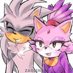  1boy 1girl blaze_the_cat clenched_teeth closed_eyes commentary english_commentary furry furry_female furry_male highres silver_the_hedgehog simple_background smile sonic_(series) teeth upper_body white_background yellow_eyes zaoiinsta 