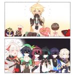  6+boys aether_(genshin_impact) ahoge albedo_(genshin_impact) antenna_hair aqua_eyes aqua_hair arm_armor arm_tattoo armor asymmetrical_sleeves bag bandaged_arm bandages belt beret black_background black_belt black_bow black_bowtie black_choker black_eyes black_hair black_hairband black_scarf black_shirt blonde_hair blue_cape blue_gemstone blue_gloves blue_hair blush bow bowtie box box_of_chocolates braid brown_corset brown_gloves brown_shirt brownie_(food) buttons candy cape chocolate choker closed_eyes collared_cape collared_shirt corset covering_own_mouth detached_sleeves earrings english_commentary facial_mark fingernails flower food forehead_mark french_braid gem genshin_impact gloves gold_ring gold_trim gradient_background gradient_hair green_cape green_gemstone green_hat grey_hair grey_shirt hair_between_eyes hairband half-closed_eyes hand_up hands_up happy hat hat_flower hat_ornament heart-shaped_box highres holding holding_bag holding_box holding_plate hood hoodie japanese_clothes jealous jewelry kaedehara_kazuha kyou_0120 leaf leaf_hat_ornament long_hair long_sleeves looking_at_another male_focus mandarin_collar mismatched_sleeves multicolored_hair multiple_boys necklace no_headwear no_mouth open_clothes open_hoodie open_mouth open_vest orange_bow orange_eyes orange_gemstone pearl_necklace pink_bow plate pom_pom_(clothes) ponytail puffy_long_sleeves puffy_sleeves purple_belt purple_eyes purple_hair purple_shirt red_hair red_ribbon red_scarf ribbon ring ring_box scar scar_on_neck scaramouche_(genshin_impact) scarf shaded_face shikanoin_heizou shirt short_hair short_ponytail short_sleeves shoulder_armor sidelocks simple_background single_bare_shoulder single_detached_sleeve single_earring sleeveless sleeveless_shirt smile smug standing striped_bow striped_bowtie striped_clothes tassel tattoo twin_braids two-sided_cape two-sided_fabric two-tone_hair two-tone_shirt venti_(genshin_impact) vest vision_(genshin_impact) wanderer_(genshin_impact) wedding_ring white_background white_flower white_hair white_hoodie white_scarf white_shirt white_vest wide_sleeves wing_collar xiao_(genshin_impact) yaoi yellow_background yellow_bow yellow_cape yellow_eyes 