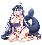  1girl ahoge animal_ears barefoot bikini black_hair blue_bikini breast_tattoo breasts cetacean_tail commentary dolphin_girl fins fish_tail foxyreine full_body heart heart_ahoge highres indie_virtual_youtuber large_breasts long_hair looking_at_viewer multicolored_hair navel orca_girl purple_eyes revision shylily shylily_(bikini) solo streaked_hair swimsuit tail tattoo virtual_youtuber white_hair 