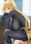  1girl asahina_hikage black_bodysuit black_gloves blonde_hair blue_eyes blush bodysuit breasts cape commentary_request condom_box darkness_(konosuba) gloves hair_between_eyes hair_ornament highres huge_breasts kono_subarashii_sekai_ni_shukufuku_wo! long_hair looking_at_viewer open_mouth ponytail smile solo waist_cape x_hair_ornament yellow_cape 