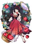  1girl apple arm_support artist_request basket black_hair blunt_bangs broken_mirror bungou_stray_dogs collarbone dress flower food frilled_dress frills fruit full_body hair_ribbon holding holding_food holding_fruit lipstick long_sleeves looking_at_viewer makeup mirror official_art puffy_sleeves purple_eyes red_apple red_dress red_footwear red_lips red_ribbon ribbon shoes short_hair sitting smile solo third-party_source transparent_background yosano_akiko 