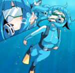 1girl blue_hair blue_wetsuit bodysuit breasts commentary_request commission dairi diving_regulator diving_suit kawashiro_nitori long_sleeves medium_breasts medium_hair scuba scuba_gear skeb_commission snorkel_mask solo touhou two_side_up underwear wetsuit 