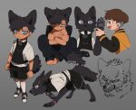  2boys animal_ears animalization arm_grab artist_name barefoot black_collar black_footwear black_hair black_jacket black_pants black_shorts black_vest blue_eyes brown_hair child closed_mouth collar deviidog0 english_commentary full_body furrification furry furry_male grey_background hand_up highres jacket kneehighs letterman_jacket long_sleeves looking_at_viewer male_focus multiple_boys no_shirt original pants scar scar_on_face scar_on_forehead scar_on_nose shirt shoes short_hair shorts simple_background sneakers socks standing tail twitter_username undercut very_short_hair vest werewolf white_shirt white_socks wolf wolf_boy wolf_ears wolf_tail 