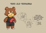 anthro bear chewing claws english_text fan_character generation_2_pokemon grumpy male mammal nintendo old olozva pokemon pokemon_(species) sharp_teeth size_difference sleeveless_shirt slightly_chubby smaller_male solo teddiursa teeth text