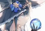  1girl ambience_synesthesia amiya_(arknights) animal_ears arknights bare_shoulders black_gloves black_hair black_hat blue_apple blue_eyes extra_ears food fruit gloves hat hat_ribbon holding holding_food holding_fruit jewelry large_hat long_hair looking_at_object ohagi_umeume rabbit_ears rabbit_girl ribbon ring witch_hat 