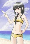  1girl bikini black_eyes black_hair blue_sky blunt_bangs braid cloud commentary_request cowboy_shot food hair_over_shoulder hand_on_own_hip highres holding holding_food holding_popsicle kantai_collection kitakami_(kancolle) navel ocean popsicle shore sidelocks single_braid sky solo swimsuit tsukuan yellow_bikini 