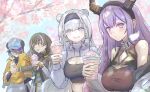  4girls :d absurdres animal_ears arknights asbestos_(arknights) aurora_(arknights) bare_shoulders baseball_cap bear_ears black_hair black_hairband black_shirt blue_eyes blue_hair blue_hat blue_sky blush branch breasts cleavage closed_mouth commentary_request cup day disposable_cup drinking_straw eyes_visible_through_hair green_eyes grey_hair grey_shirt hair_between_eyes hair_ornament hair_over_one_eye hairband hairclip hat headphones_over_headwear highres holding holding_cup horns jacket large_breasts long_hair long_sleeves magallan_(arknights) medium_breasts midriff multicolored_hair multiple_girls navel oroshi_(oroshi_dr) outdoors pink_eyes puffy_long_sleeves puffy_sleeves purple_hair shirt shrug_(clothing) sky smile streaked_hair two-tone_hair typhon_(arknights) upper_body very_long_hair white_hair yellow_eyes yellow_jacket 