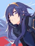  1girl :d armor blue_background blue_eyes blue_hair brand_of_the_exalt cape english_commentary eri_(erikiri) fire_emblem fire_emblem_awakening hair_between_eyes highres long_hair long_sleeves looking_at_viewer lucina_(fire_emblem) shoulder_armor smile solo symbol_in_eye tiara upper_body 