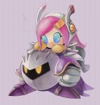  1boy 1girl armor blue_eyes cape gloves hands_on_another&#039;s_head kirby:_planet_robobot kirby_(series) mask meta_knight momoko_(nihontou) musical_note pauldrons pink_hair purple_background shoulder_armor simple_background susie_(kirby) sweat yellow_eyes yellow_gloves 
