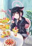  1girl animal_ears black_choker black_hair black_jacket black_pantyhose blue_archive cat_ears choker closed_mouth food fork halo holding holding_fork hood hooded_jacket ice_cream indoors jacket kazusa_(blue_archive) long_sleeves looking_at_viewer morikura_en multicolored_hair official_art on_chair pantyhose pink_hair red_eyes short_hair sitting skirt smile solo tongue tongue_out two-tone_hair white_skirt 