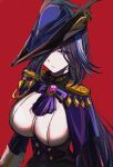  1girl absurdres ascot breasts brooch capelet clorinde_(genshin_impact) commentary epaulettes framed_breasts genshin_impact hair_over_one_eye hat highres impossible_clothes impossible_shirt jewelry large_breasts long_hair looking_at_viewer purple_ascot purple_capelet purple_eyes purple_hair red_background ritou08 shirt simple_background solo tricorne upper_body very_long_hair vision_(genshin_impact) white_shirt 