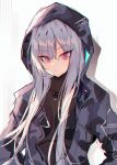  1girl absurdres ak-12_(faint_light_of_furthest_day)_(girls&#039;_frontline) ak-12_(girls&#039;_frontline) black_bodysuit bodysuit camouflage camouflage_jacket girls&#039;_frontline grey_hair grey_jacket highres hood hood_up hooded_jacket jacket long_hair looking_at_viewer open_clothes open_jacket purple_eyes simple_background solo soukou_makura upper_body 