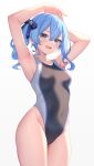  1girl absurdres aoi_zerii armpits arms_up black_one-piece_swimsuit blue_eyes blue_hair blue_ribbon blush breasts competition_swimsuit covered_navel hair_between_eyes hair_ribbon highres hololive hoshimachi_suisei looking_at_viewer one-piece_swimsuit open_mouth ribbon side_ponytail small_breasts smile solo star_(symbol) star_in_eye swimsuit symbol_in_eye thighs two-tone_swimsuit virtual_youtuber white_one-piece_swimsuit 