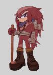  1boy absurdres bandaged_wrist bandages bead_necklace beads boots brown_footwear furry furry_male gincalico grey_background grey_eyebrows highres holding holding_staff jewelry looking_at_viewer necklace original purple_bandana purple_eyes red_fur simple_background solo sonic_(series) staff 