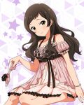  1girl bare_shoulders barefoot black_hair bracelet breasts closed_mouth collarbone detached_sleeves dot_nose eyelashes floral_print frilled_negligee frills hair_over_breasts hair_over_one_breast hair_over_shoulder halterneck holding holding_shoes idolmaster idolmaster_million_live! idolmaster_million_live!_theater_days jewelry kitazawa_shiho layered_nightgown light_blush light_smile long_hair looking_at_viewer medium_breasts official_alternate_costume official_art parted_bangs pink_negligee puffy_detached_sleeves puffy_sleeves ribbon-trimmed_sleeves ribbon_trim rose_print sexy_beautiful_(idolmaster) shoes sidelocks sitting solo straight_hair wavy_hair yellow_eyes 