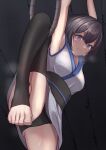  1girl armpits barefoot breasts captured cleavage dark grabber_tool highres indoors japanese_clothes light_frown medium_breasts ninja original panties pantyshot pokokaki purple_eyes restrained solo spread_legs steaming_body stirrup_legwear sweat toeless_legwear toenails toes underwear 