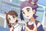  1boy 1girl :o ahoge black_hair blurry blurry_background blush braid brown_eyes brown_hair collarbone commentary_request eyelashes hand_up juliana_(pokemon) kieran_(pokemon) mole mole_on_neck multicolored_hair off_shoulder open_mouth orange_(orangelv20) pokemon pokemon_sv purple_hair red_shirt shirt sleeveless sleeveless_shirt tank_top two-tone_hair upper_body yellow_eyes 