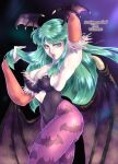  1girl angie_(kani-ga-tobuna) animal_print arm_up armpits arms_up artist_name bat_print bat_wings black_leotard breasts character_name cleavage clothing_cutout copyright_name demon_girl fur-trimmed_leotard fur_trim green_eyes green_hair hand_in_own_hair head_wings heart_cutout highres leotard lipstick long_hair low_wings makeup morrigan_aensland night outdoors pale_skin pantyhose print_pantyhose purple_pantyhose solo standing vampire_(game) wings 