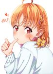  1girl ahoge blush bow braid commentary_request finger_to_mouth hair_bow hair_ornament heart highres looking_at_viewer looking_back love_live! love_live!_sunshine!! ojyomu orange_hair red_eyes short_hair side_braid simple_background solo sweater takami_chika translation_request upper_body white_background white_sweater yellow_bow 