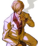  1boy belt blonde_hair blush cigarette closed_mouth collarbone curly_eyebrows english_commentary facial_hair hair_over_one_eye highres holding holding_cigarette jacket long_sleeves looking_to_the_side male_focus one_piece pants pectorals red_shirt rita_ya sanji_(one_piece) shirt shoes short_hair smoke solo squatting unbuttoned unbuttoned_shirt white_jacket white_pants 