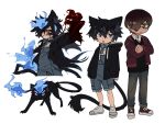  2boys animal_ear_fluff animal_ears animal_hands animalization black_hair black_jacket black_sweater_vest blood blood_on_face blood_on_hands blue_eyes blue_fire blue_sclera child collar collared_shirt colored_sclera crossed_arms denim deviidog0 fire flame-tipped_tail flaming_hand full_body fur-tipped_tail glasses green_eyes grin hair_over_one_eye hands_up highres hood hood_down hooded_jacket jacket jeans long_sleeves looking_at_another looking_at_viewer male_focus metal_collar monster_boy multiple_boys multiple_views original outstretched_arms overalls pants parted_lips red_eyes red_jacket shirt short_hair simple_background smile standing sweater_vest tail white_background 