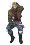  1boy american_flag american_flag_print beard character_request cigarette denim facial_hair flag_print full_beard full_body hand_in_own_hair highres houjoh_(7th-heaven) invisible_chair jeans male_focus mature_male pants sitting smoking solo tekken thick_beard thick_eyebrows tsurime 