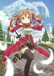  bare_shoulders black_legwear blush breastplate brown_hair feathers fingerless_gloves gloves hair_ribbon highres hpflower leg_up looking_at_viewer pina_(sao) red_eyes ribbon silica skirt smile solo sword sword_art_online thighhighs tree twintails weapon 